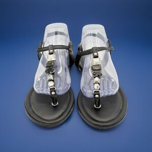 Joe Boxer Declan Black Silver T-Strap Rhinestones Studded Sandals Flats Size 10